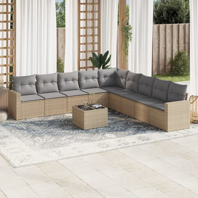 10 Piece Garden Sofa Set with Cushions Beige Poly Rattan