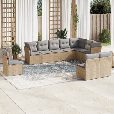 10 Piece Garden Sofa Set with Cushions Beige Poly Rattan