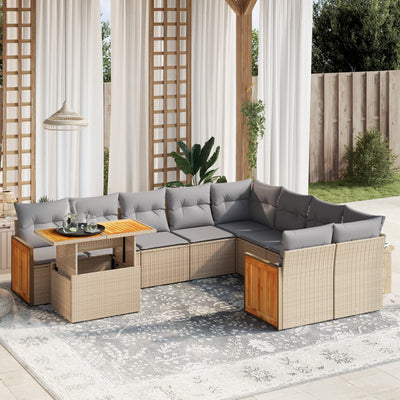 10 Piece Garden Sofa Set with Cushions Beige Poly Rattan