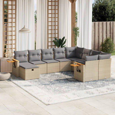 10 Piece Garden Sofa Set with Cushions Beige Poly Rattan