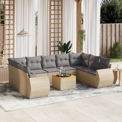 10 Piece Garden Sofa Set with Cushions Beige Poly Rattan