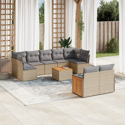 10 Piece Garden Sofa Set with Cushions Beige Poly Rattan