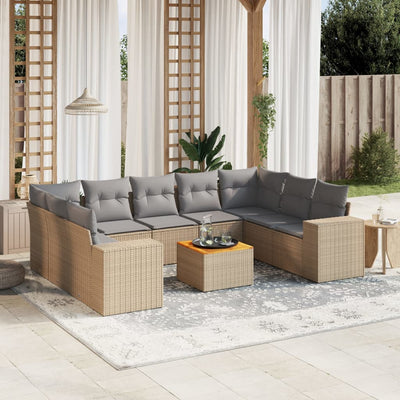 10 Piece Garden Sofa Set with Cushions Beige Poly Rattan