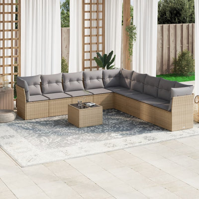 10 Piece Garden Sofa Set with Cushions Beige Poly Rattan