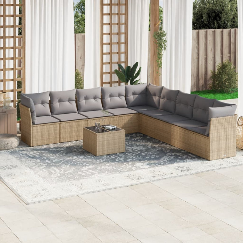 10 Piece Garden Sofa Set with Cushions Beige Poly Rattan Payday Deals