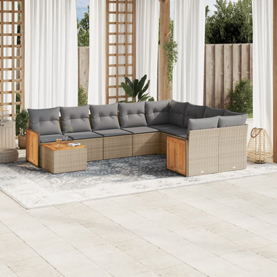 10 Piece Garden Sofa Set with Cushions Beige Poly Rattan