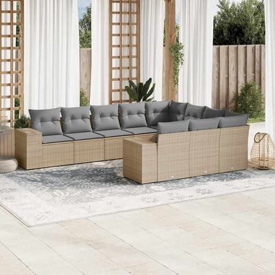 10 Piece Garden Sofa Set with Cushions Beige Poly Rattan