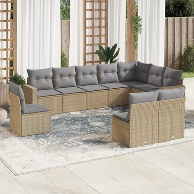 10 Piece Garden Sofa Set with Cushions Beige Poly Rattan