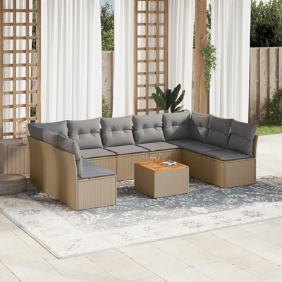 10 Piece Garden Sofa Set with Cushions Beige Poly Rattan