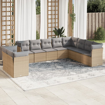 10 Piece Garden Sofa Set with Cushions Beige Poly Rattan