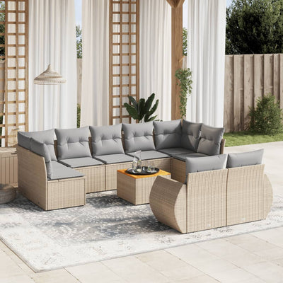 10 Piece Garden Sofa Set with Cushions Beige Poly Rattan