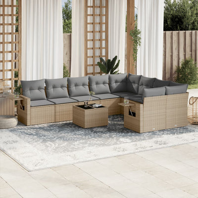 10 Piece Garden Sofa Set with Cushions Beige Poly Rattan