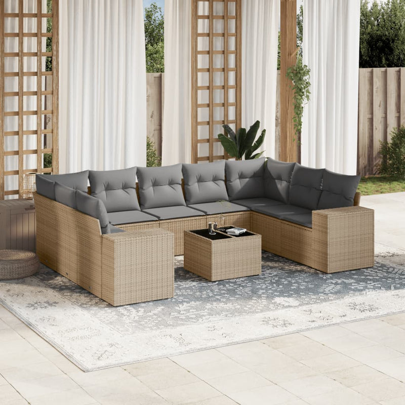 10 Piece Garden Sofa Set with Cushions Beige Poly Rattan Payday Deals