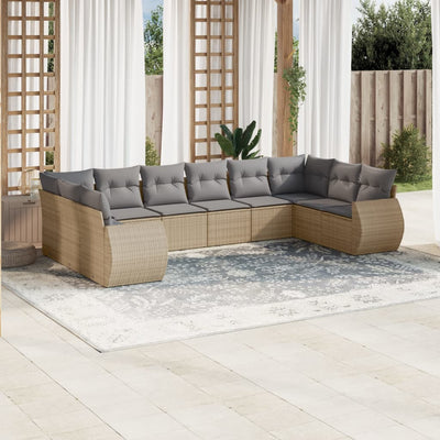 10 Piece Garden Sofa Set with Cushions Beige Poly Rattan