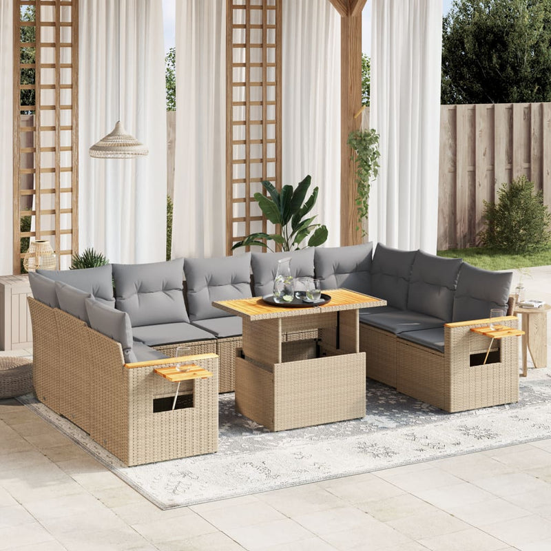 10 Piece Garden Sofa Set with Cushions Beige Poly Rattan Payday Deals