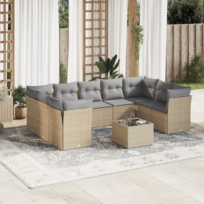 10 Piece Garden Sofa Set with Cushions Beige Poly Rattan