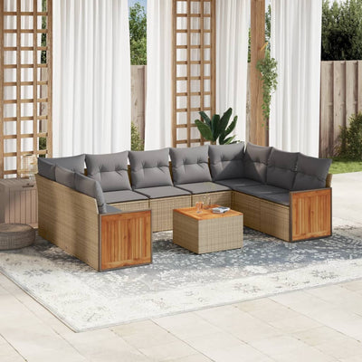 10 Piece Garden Sofa Set with Cushions Beige Poly Rattan