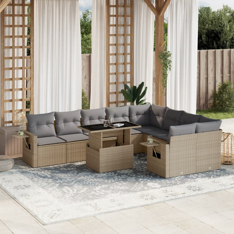 10 Piece Garden Sofa Set with Cushions Beige Poly Rattan Payday Deals