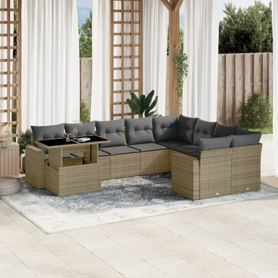 10 Piece Garden Sofa Set with Cushions Beige Poly Rattan