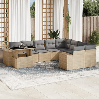 10 Piece Garden Sofa Set with Cushions Beige Poly Rattan