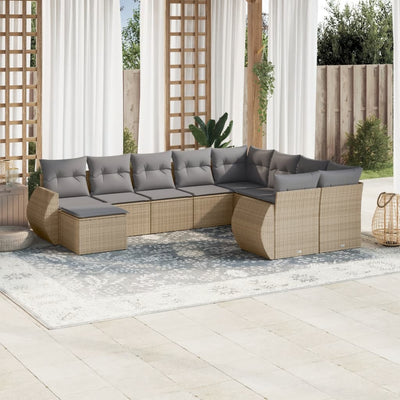 10 Piece Garden Sofa Set with Cushions Beige Poly Rattan