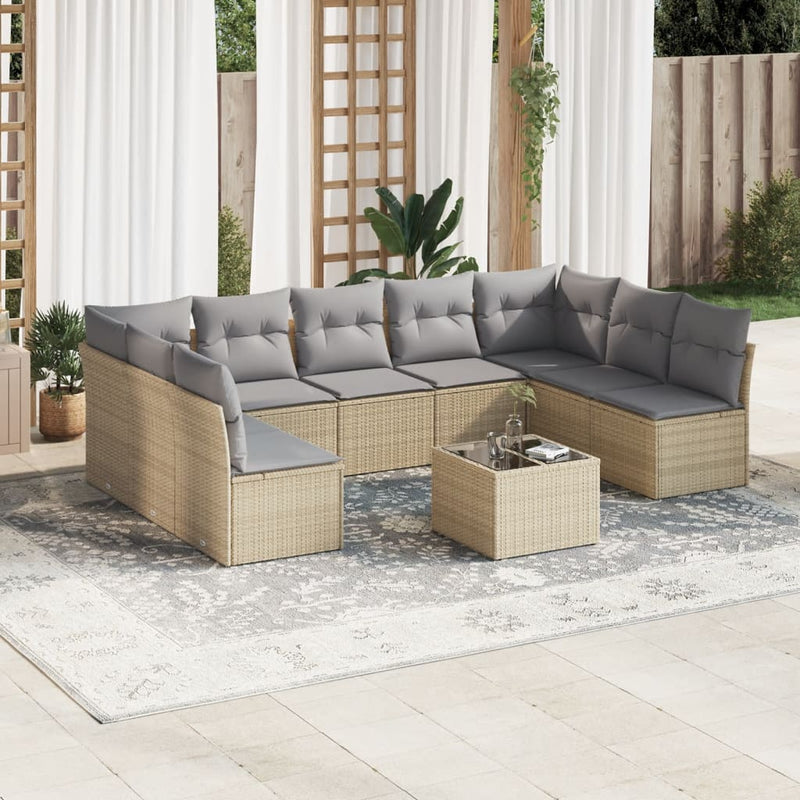 10 Piece Garden Sofa Set with Cushions Beige Poly Rattan Payday Deals