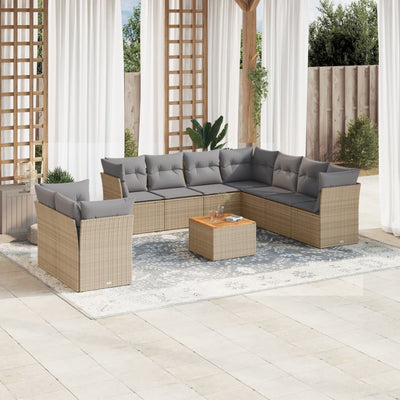 10 Piece Garden Sofa Set with Cushions Beige Poly Rattan