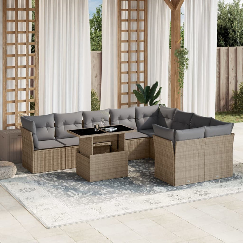 10 Piece Garden Sofa Set with Cushions Beige Poly Rattan Payday Deals