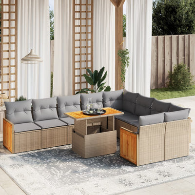 10 Piece Garden Sofa Set with Cushions Beige Poly Rattan