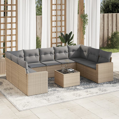 10 Piece Garden Sofa Set with Cushions Beige Poly Rattan