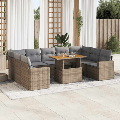 10 Piece Garden Sofa Set with Cushions Beige Poly Rattan