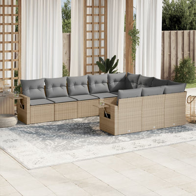 10 Piece Garden Sofa Set with Cushions Beige Poly Rattan