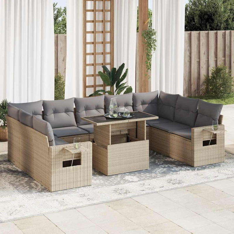 10 Piece Garden Sofa Set with Cushions Beige Poly Rattan Payday Deals