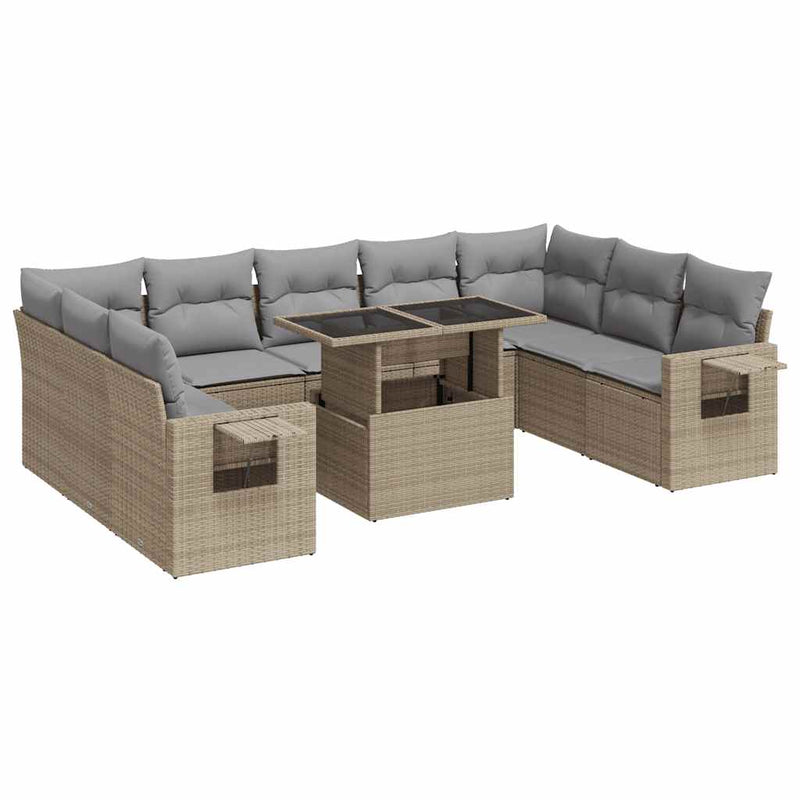 10 Piece Garden Sofa Set with Cushions Beige Poly Rattan Payday Deals