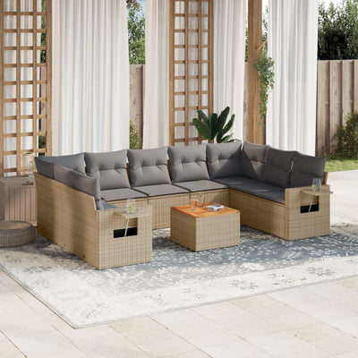 10 Piece Garden Sofa Set with Cushions Beige Poly Rattan