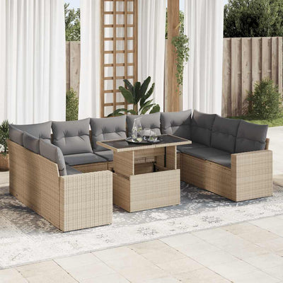 10 Piece Garden Sofa Set with Cushions Beige Poly Rattan