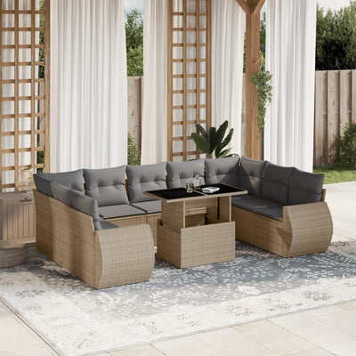 10 Piece Garden Sofa Set with Cushions Beige Poly Rattan