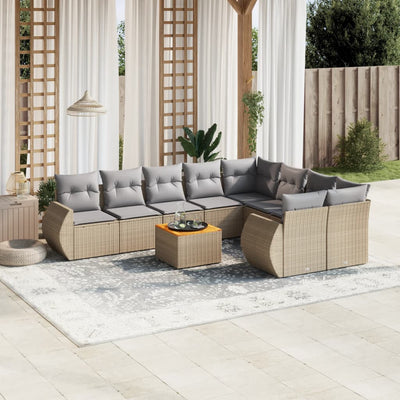 10 Piece Garden Sofa Set with Cushions Beige Poly Rattan