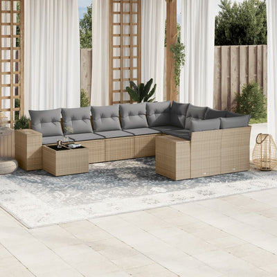 10 Piece Garden Sofa Set with Cushions Beige Poly Rattan