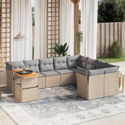 10 Piece Garden Sofa Set with Cushions Beige Poly Rattan