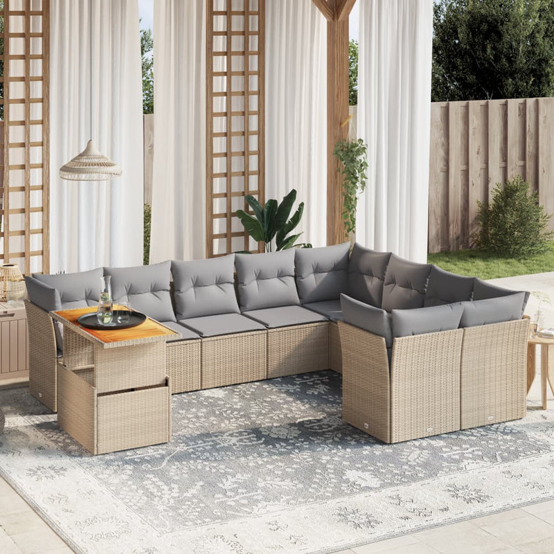 10 Piece Garden Sofa Set with Cushions Beige Poly Rattan Payday Deals