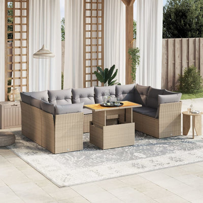 10 Piece Garden Sofa Set with Cushions Beige Poly Rattan