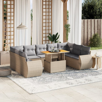 10 Piece Garden Sofa Set with Cushions Beige Poly Rattan