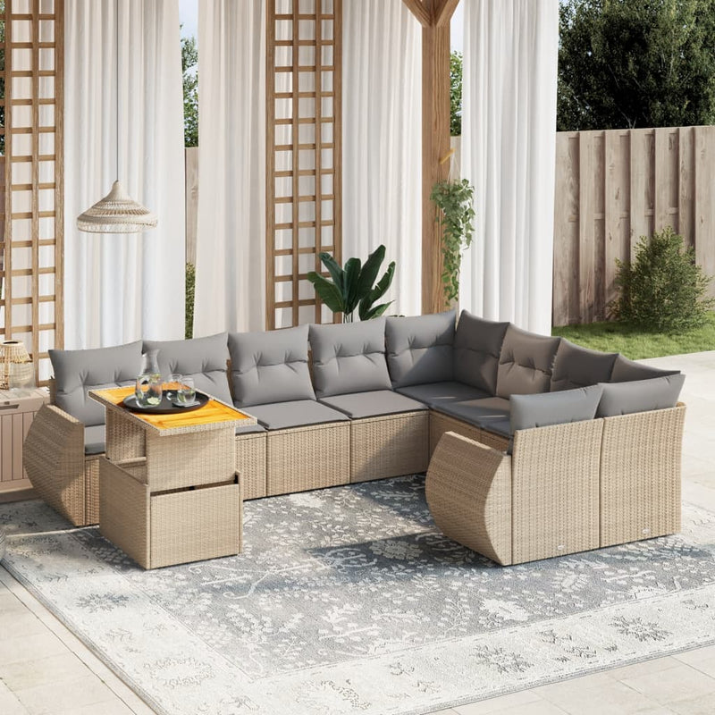 10 Piece Garden Sofa Set with Cushions Beige Poly Rattan Payday Deals