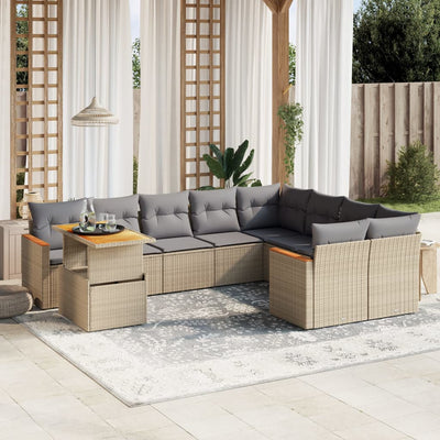 10 Piece Garden Sofa Set with Cushions Beige Poly Rattan