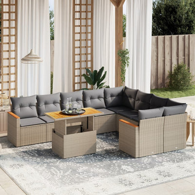 10 Piece Garden Sofa Set with Cushions Beige Poly Rattan