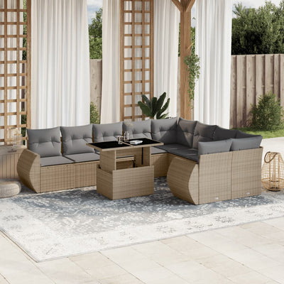 10 Piece Garden Sofa Set with Cushions Beige Poly Rattan