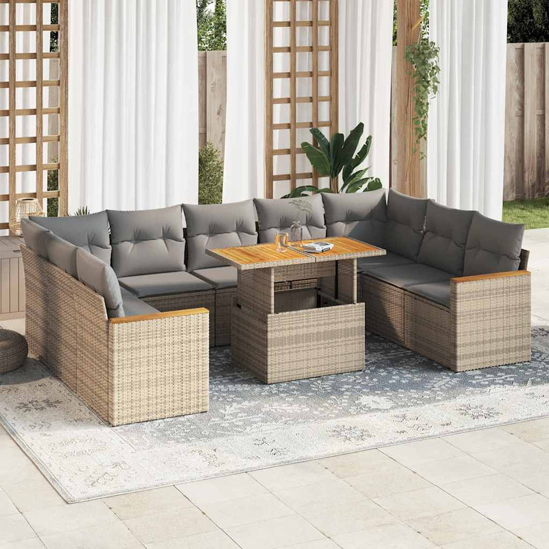 10 Piece Garden Sofa Set with Cushions Beige Poly Rattan Acacia Payday Deals