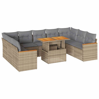 10 Piece Garden Sofa Set with Cushions Beige Poly Rattan Acacia Payday Deals