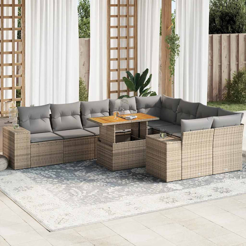 10 Piece Garden Sofa Set with Cushions Beige Poly Rattan Acacia Payday Deals